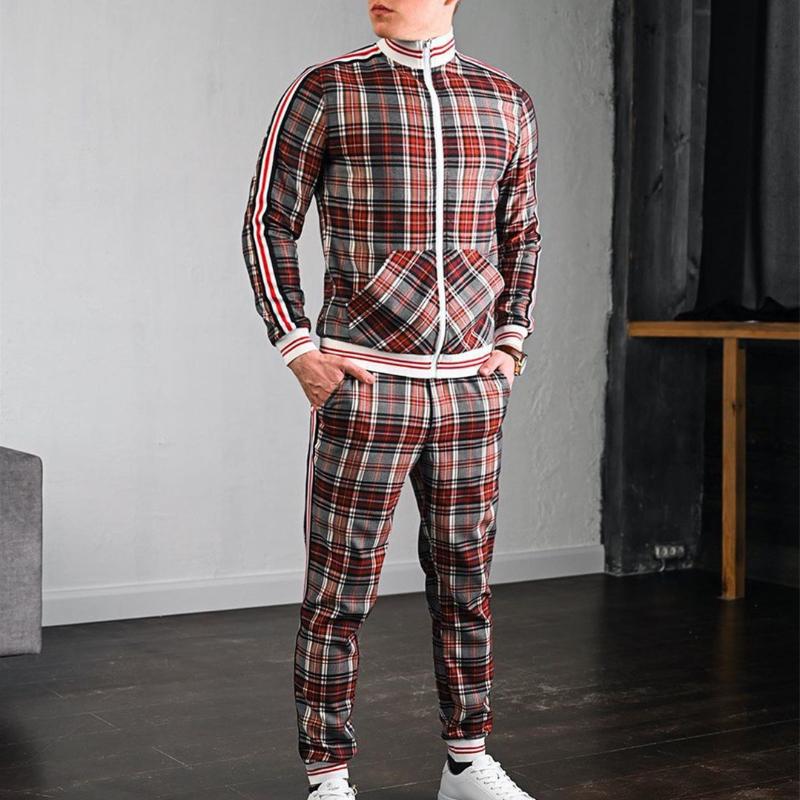 Herbst Casual Herren Europäische und amerikanische Herren Sportanzug Plaid Reißverschluss Hemd Jacke Hose Zweiteiliger Anzug L hellbraune von Joom DACH