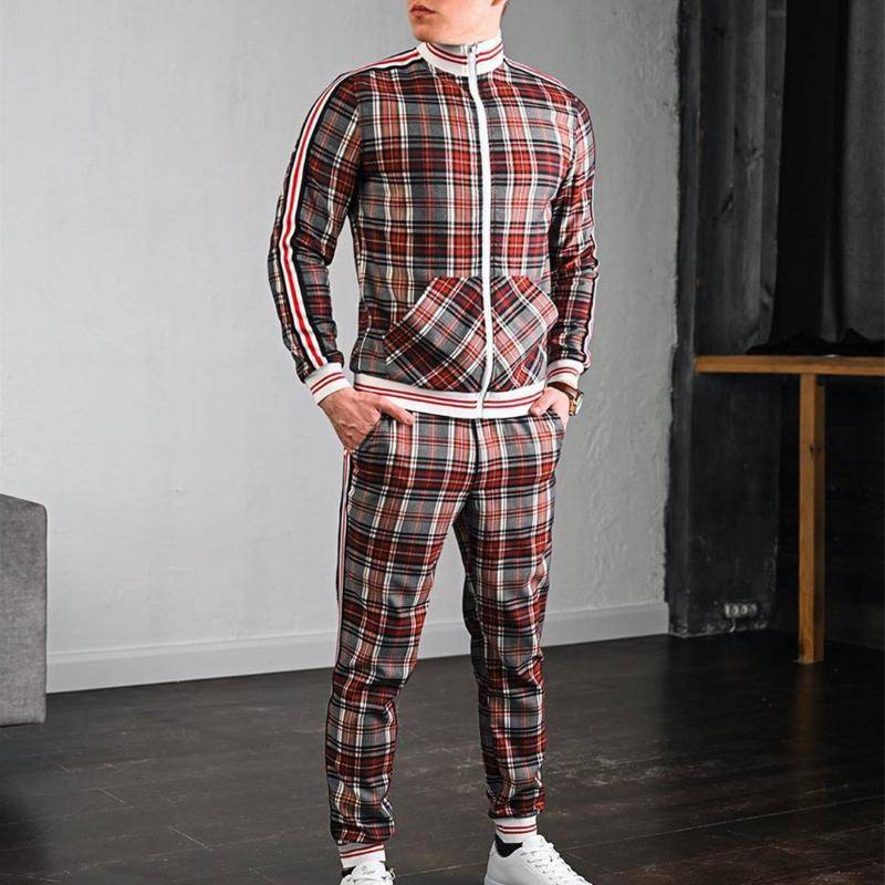Herbst Casual Herren Europäische und amerikanische Herren Sportanzug Plaid Reißverschluss Hemd Jacke Hose Zweiteiliger Anzug L hellbraune von Joom DACH