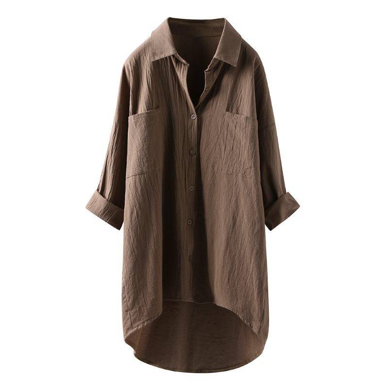 Herbst Damen Casual Einfarbig Hemd Baumwolle Leinen Strickjacke Doppel Tasche Langarm Damen Hemd tops 4XL khaki von Joom DACH