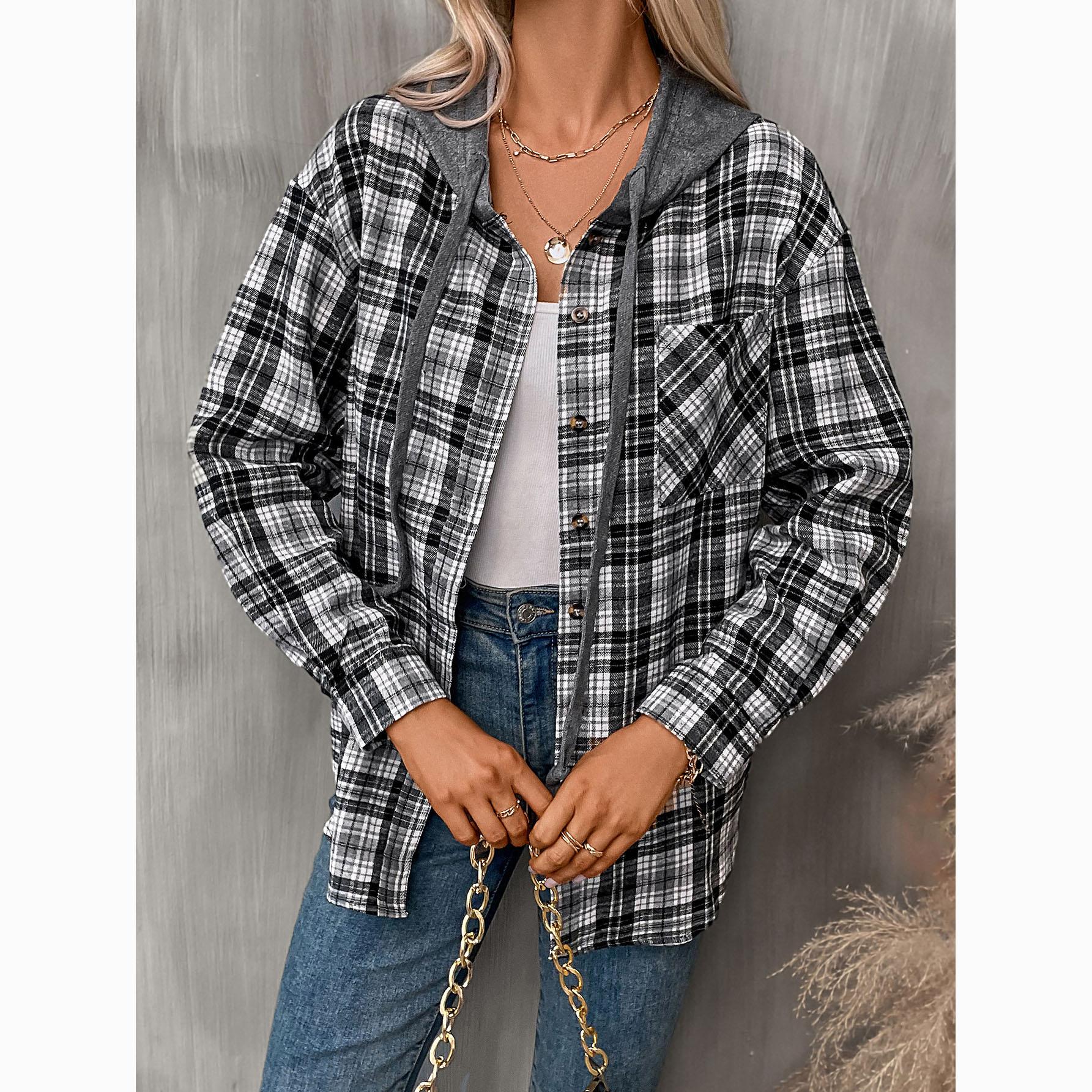 Herbst Damen Casual Fashion Lose Plaid Shirt S schwarz von Joom DACH