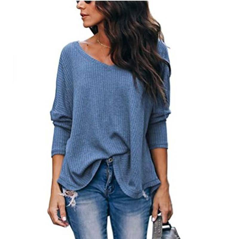 Herbst Damen Einfarbig Lässig Locker V-Ausschnitt Große Größe Langarm Bottoming Shirt Top L blau von Joom DACH
