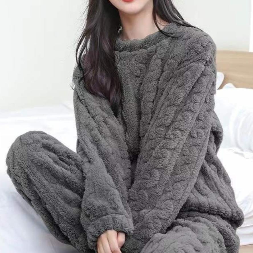 Herbst Damen Einfarbig Warm 2-teilige Sets Isolierter Samt Geripptes Fleece Pullover und Hose Set Weiblich Lässig Pyjama Sets One Size schwarz von Joom DACH