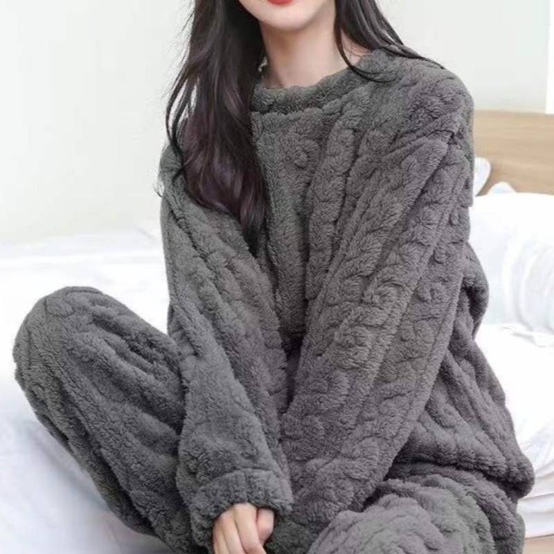 Herbst Damen Einfarbig Warm 2-teilige Sets Isolierter Samt Geripptes Fleece Pullover und Hose Set Weiblich Lässig Pyjama Sets One Size schwarz von Joom DACH