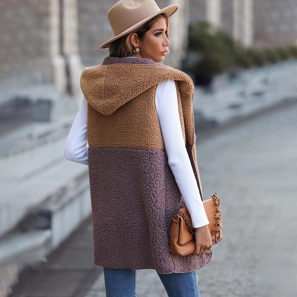 Herbst Damen Kapuzenärmelloser Farbblock-Taschenknopfloser Midilanger Cardigan Bubble-Fleece-Jacke XL von Joom DACH