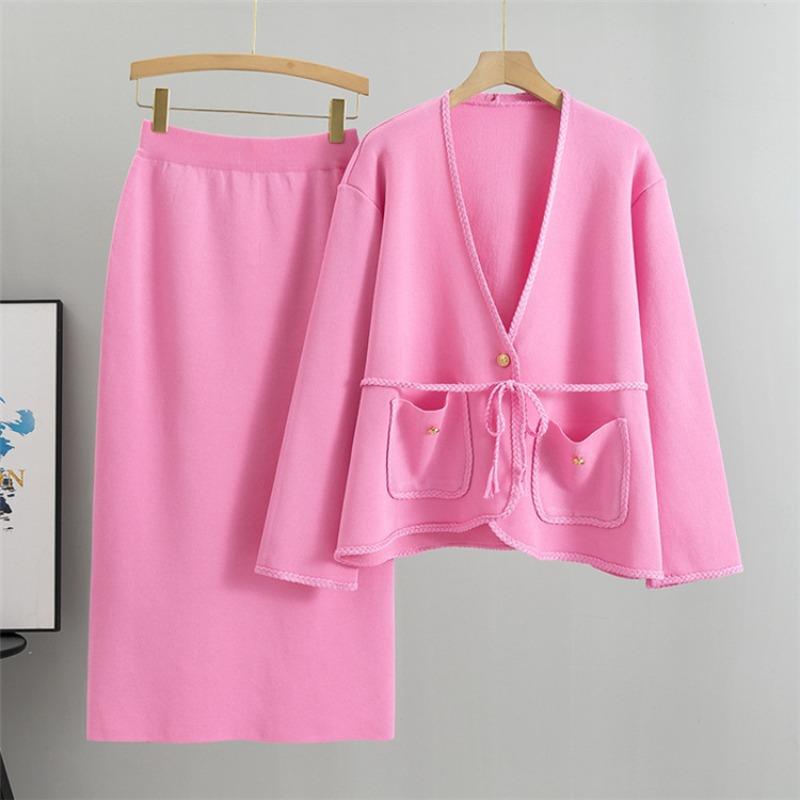 Herbst Damen Pullover Anzug Übergröße Strickwaren Lässige Chambray Jacke Gestrickter Gürtel Mode Rock Anzug One Size rosa von Joom DACH