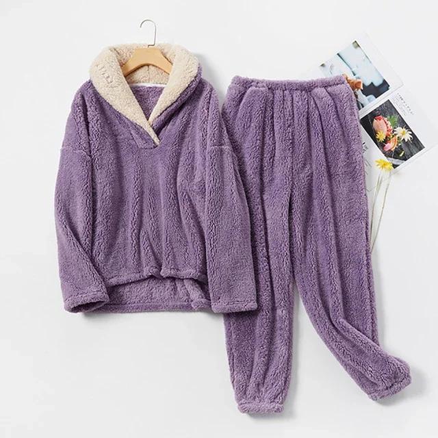 Herbst Damen Pyjama Set, Warm, Zweiteilig, Verdicken, Samt, Fleece, Langarm, Flauschige Pyjamahose, Loungewear, Damen Nachtwäsche 2XL von Joom DACH