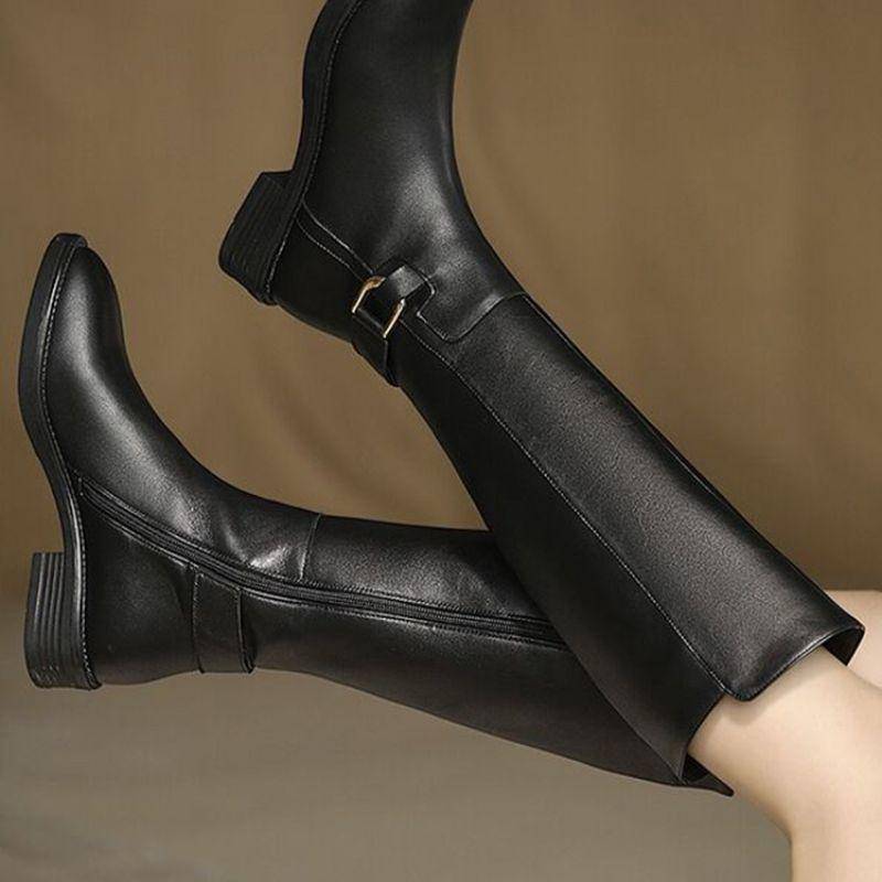 Herbst Damen Reitstiefel Runde Zehenpartie Blockabsatz Kniehohe Stiefel für Damen Gürtelschnalle Plateauschuhe Botines Mujer 39 schwarz von Joom DACH