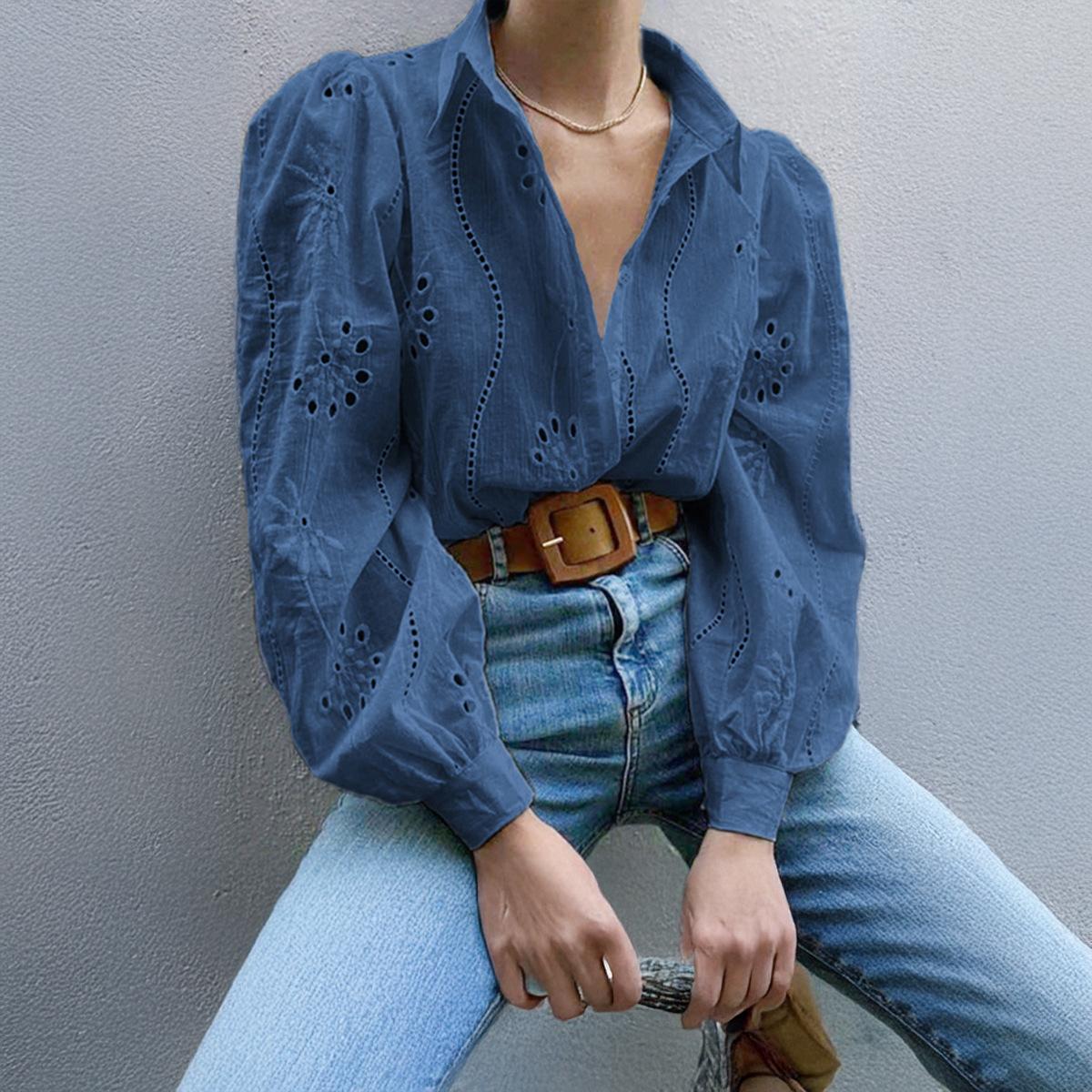 Herbst Damen Shirt Casual Loose Fashion Hollow Bubble Sleeve Top XL graue/blau von Joom DACH