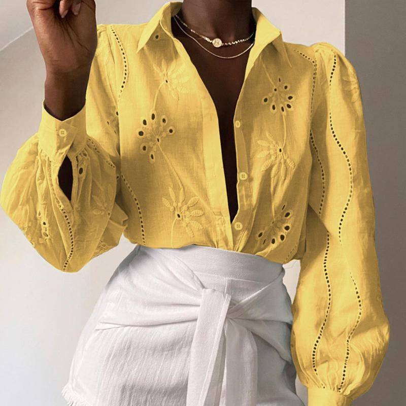 Herbst Damen Shirt Casual Loose Fashion Hollow Bubble Sleeve Top XL gelb von Joom DACH