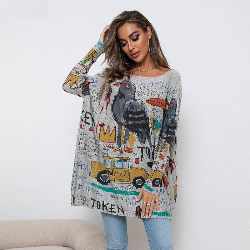 Herbst Damen Strickwaren Übergröße Cartoon Bedruckter Pullover Langarm Casual Pullover Loses Hemd Top One Size graue von Joom DACH