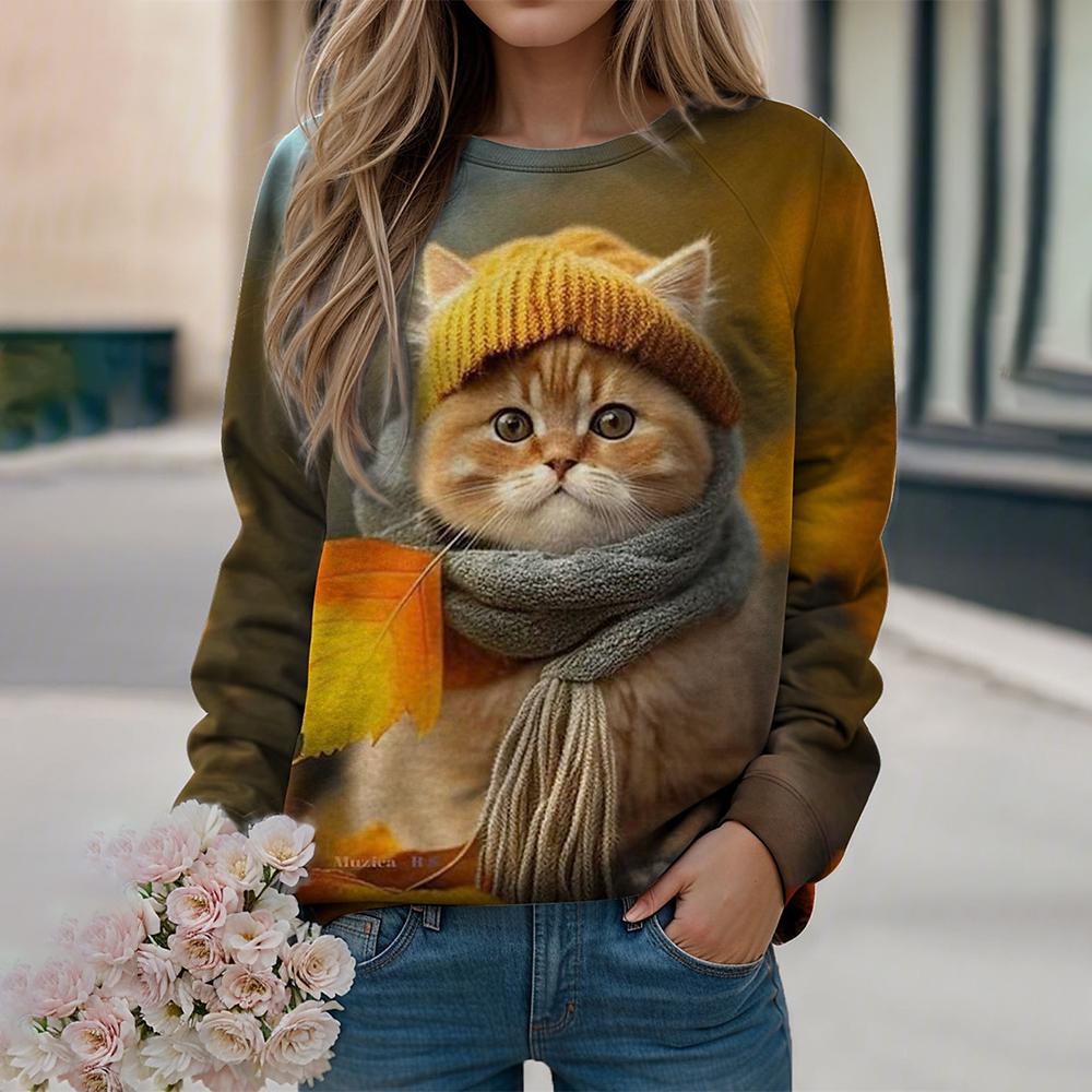 Herbst Damen Sweatshirt 3D Kawaii Katze Bedruckter Pullover Lockerer O-Ausschnitt Langarm Top Mode Lässiger Pullover 3D Tierkleidung M von Joom DACH