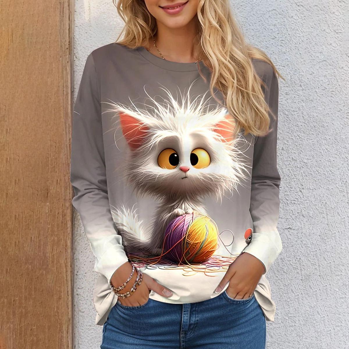 Herbst Damen T-Shirt Lustiges Kätzchen Grafikdruck Damenbekleidung Katzenoberteile Street Casual Rundhals Langarm T-Shirt XL Herbst Damen T-Shirt Lustiges Kätzchen Grafikdruck Damenbekleidung Katzenoberteile Street Casual Rundhals Langarm T-Shirt XL von Joom DACH