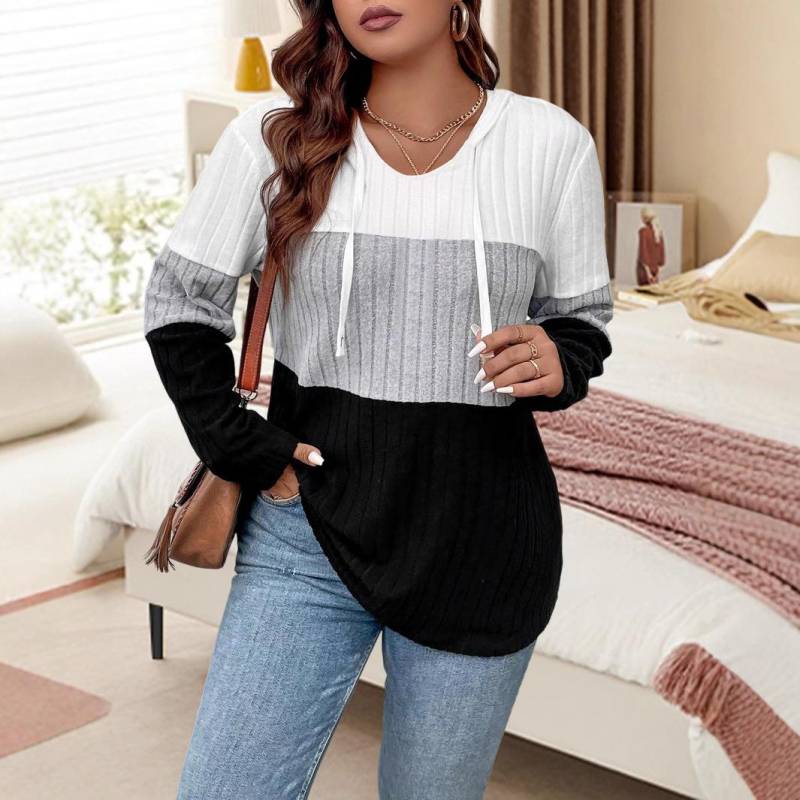 Herbst Damen Übergröße Kapuzen Langarm Strick Sweatshirt in Kontrastfarbe 1XL graue von Joom DACH