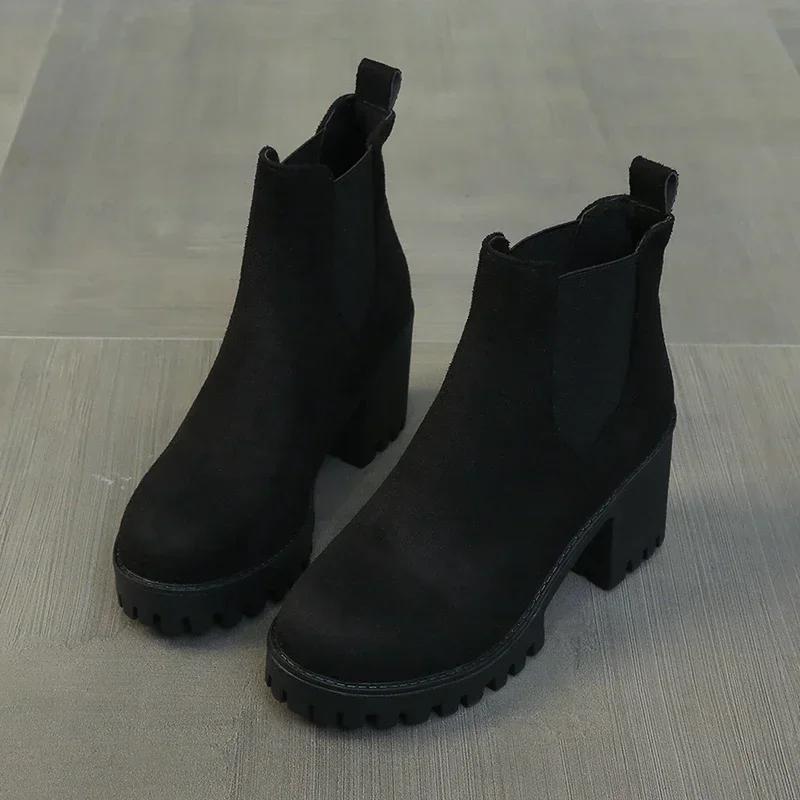 Herbst Damen Wildleder Blockabsatz Chelsea Boots Winter Neue Slip-on Plateauschuhe für Damen Kleid Büro Damen Stiefeletten 41 schwarz von Joom DACH