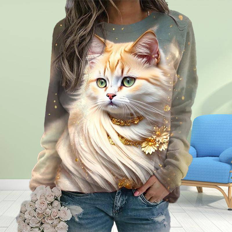 Herbst Damenmode O-Ausschnitt Langarm T-Shirt Lose Kleidung Aristokratischer Katzendruck T-Shirt für Mädchen Straße 3XL braun von Joom DACH