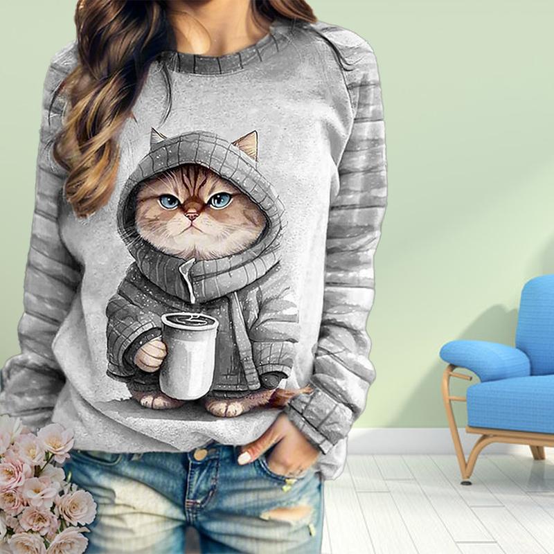 Herbst Damenmode O-Ausschnitt Langarm T-Shirt Lose Kleidung Süßes Katzen-Print T-Shirt für Mädchen Straße 2XL grau von Joom DACH