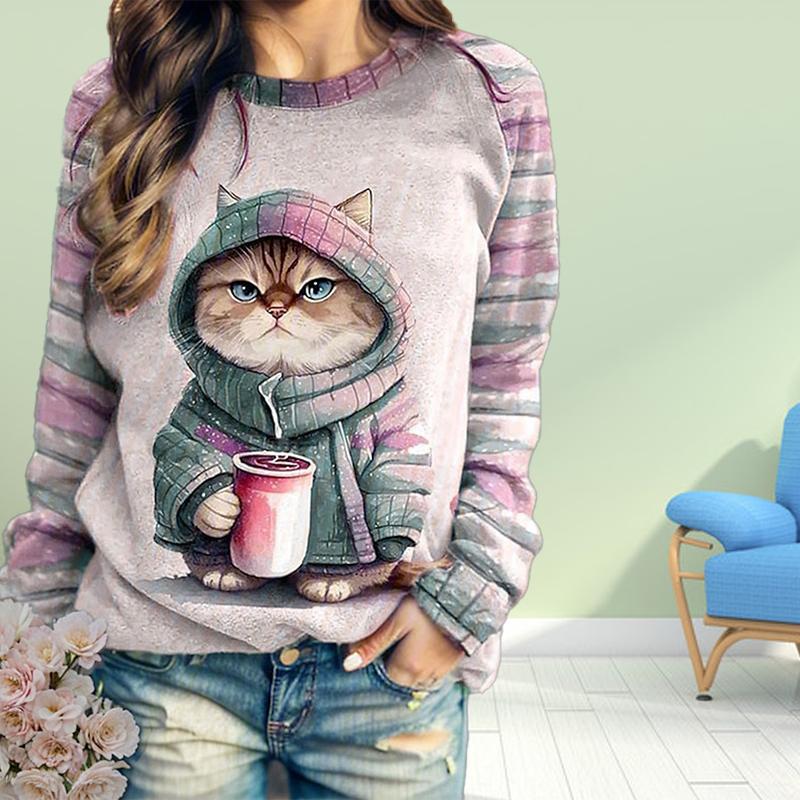 Herbst Damenmode O-Ausschnitt Langarm T-Shirt Lose Kleidung Süßes Katzen-Print T-Shirt für Mädchen Straße 8XL rot von Joom DACH