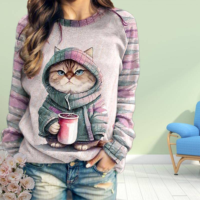 Herbst Damenmode O-Ausschnitt Langarm T-Shirt Lose Kleidung Süßes Katzen-Print T-Shirt für Mädchen Straße 8XL rot von Joom DACH