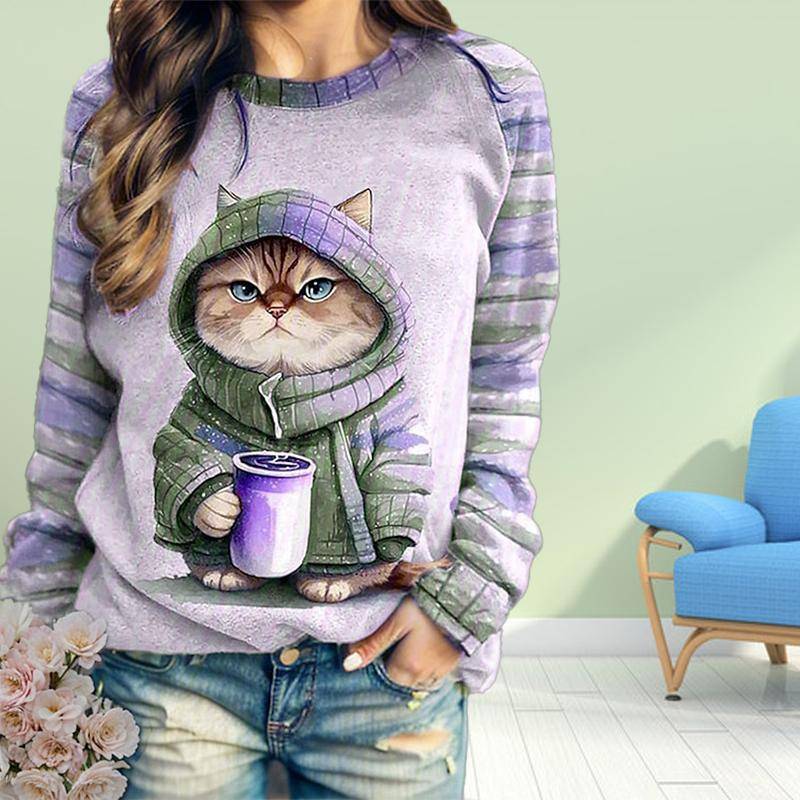 Herbst Damenmode O-Ausschnitt Langarm T-Shirt Lose Kleidung Süßes Katzen-Print T-Shirt für Mädchen Straße XL violett von Joom DACH