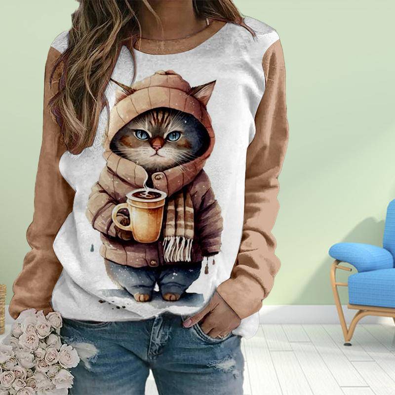 Herbst Damenmode O-Ausschnitt Langarm T-Shirt Lose Kleidung Süßes Katzen-Print T-Shirt für Mädchen Straße XL braun von Joom DACH