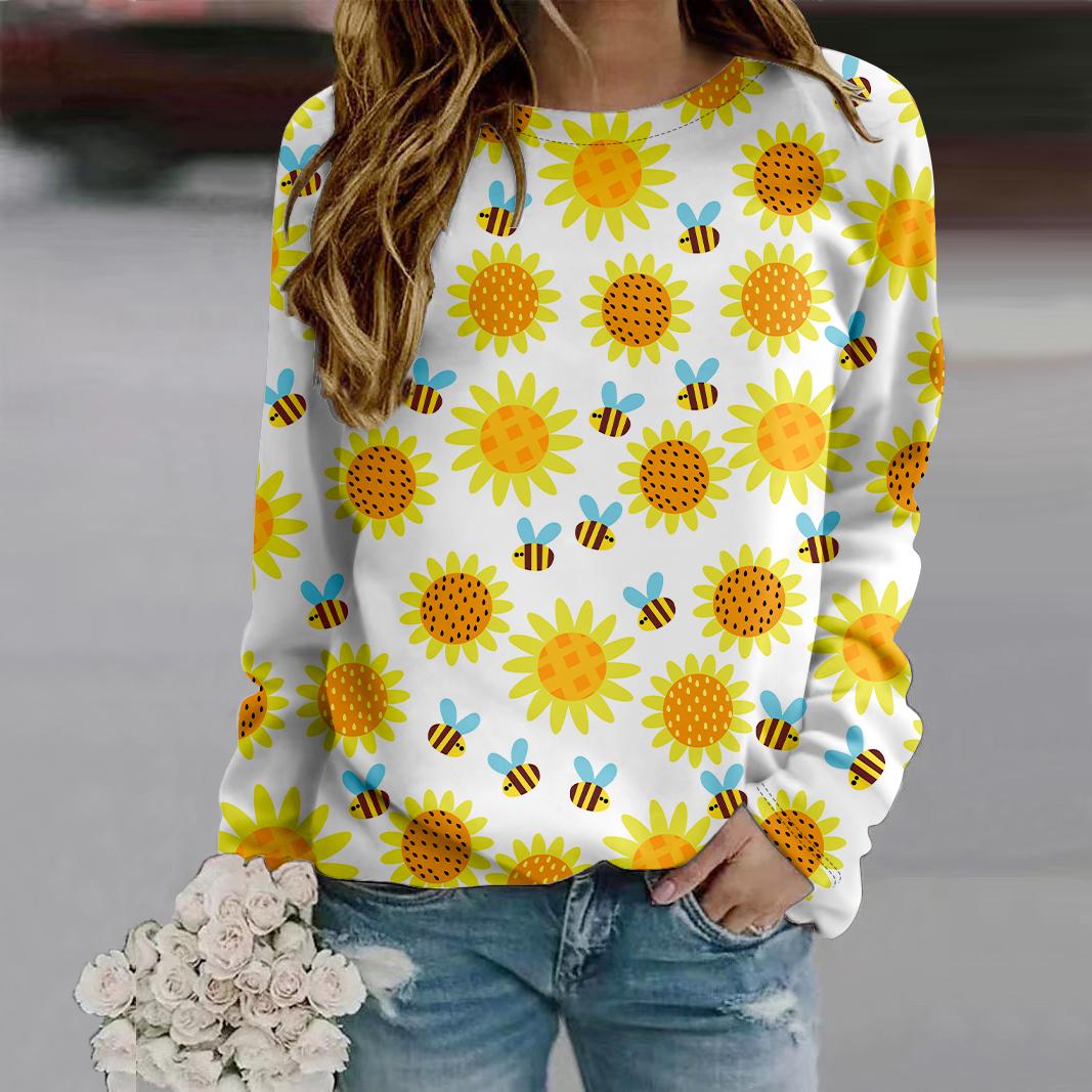 Herbst Damenmode O Hals Langarm T-Shirt Lose Kleidung Schöne Sonnenblumen Print T-Shirt Für Mädchen Straße 8XL gelb von Joom DACH