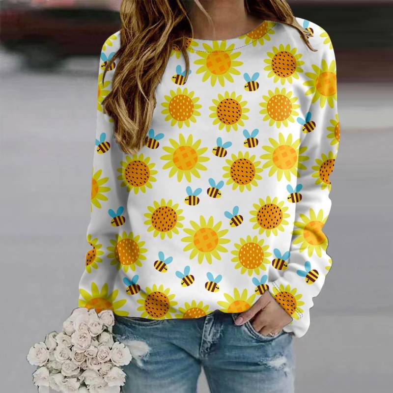 Herbst Damenmode O Hals Langarm T-Shirt Lose Kleidung Schöne Sonnenblumen Print T-Shirt Für Mädchen Straße XXL von Joom DACH