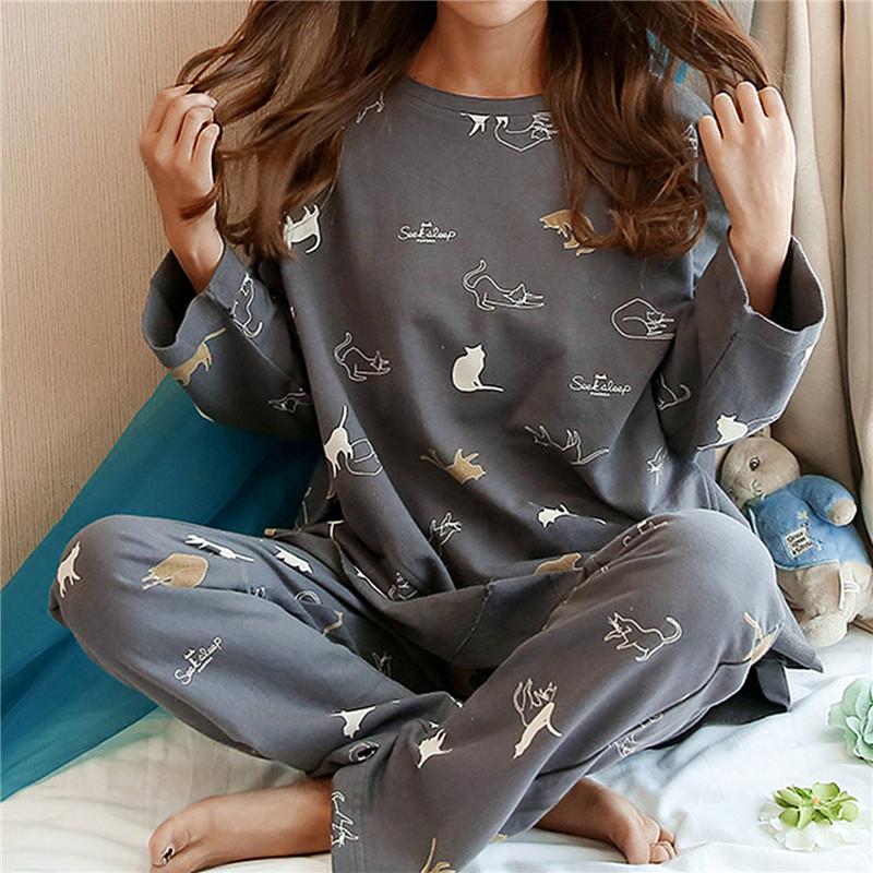 Herbst Dünne 2 stück Pyjamas Set Frauen Baumwolle Rundhals Mädchen Bär Pyjamas Sets Teetasse Katze Volle Nachtwäsche Tops Pyjama XL graue von Joom DACH