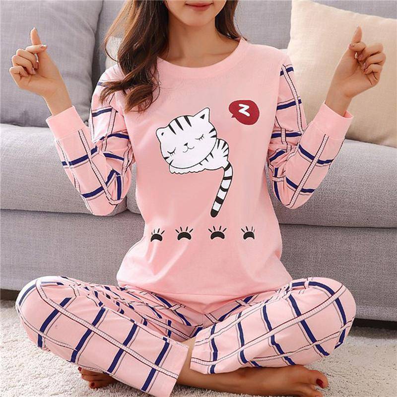 Herbst Dünne 2 stück Pyjamas Set Frauen Baumwolle Rundhals Mädchen Bär Pyjamas Sets Teetasse Katze Volle Nachtwäsche Tops Pyjama XL von Joom DACH
