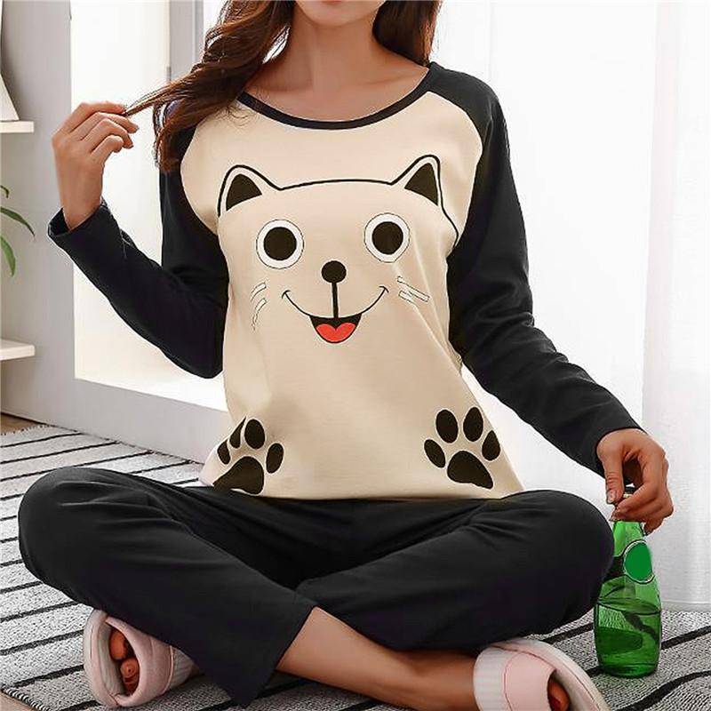 Herbst Dünne 2 stück Pyjamas Set Frauen Baumwolle Rundhals Mädchen Bär Pyjamas Sets Teetasse Katze Volle Nachtwäsche Tops Pyjama XXL schwarz von Joom DACH
