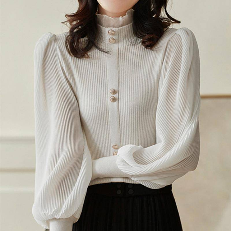 Herbst Elegante Chiffon Patchwork Rollkragenpullover Frauen Winter Koreanische Gestrickte Tops Langarm Pullover Femme One Size von Joom DACH