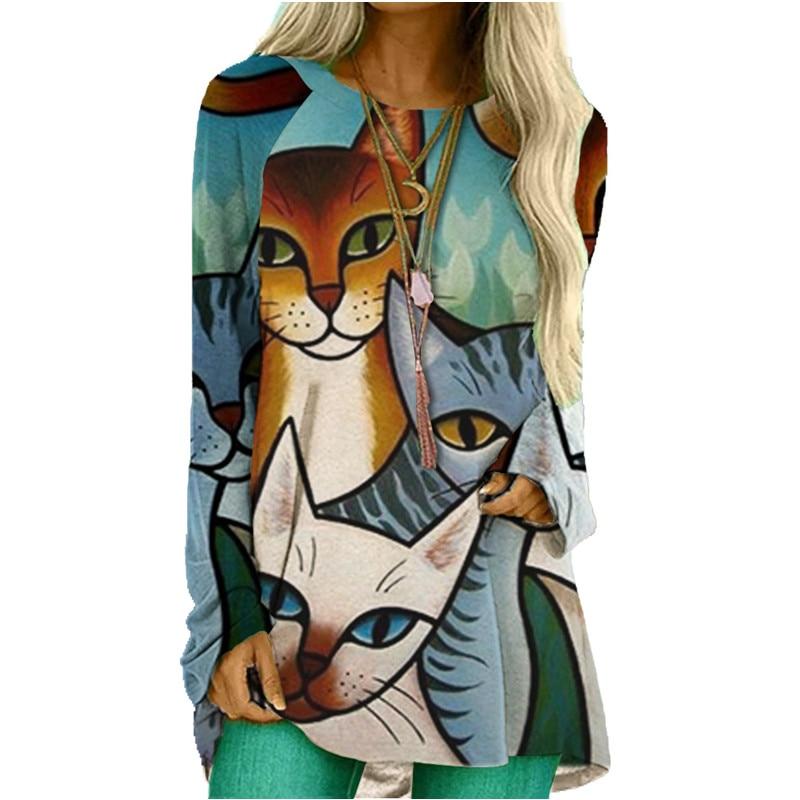 Herbst Frauen Cartoon Katzen Drucken Langarm Baumwolle T-shirt Casual Oansatz Lose T-shirts Weibliche Streetwear Tops 6XL 4XL von Joom DACH