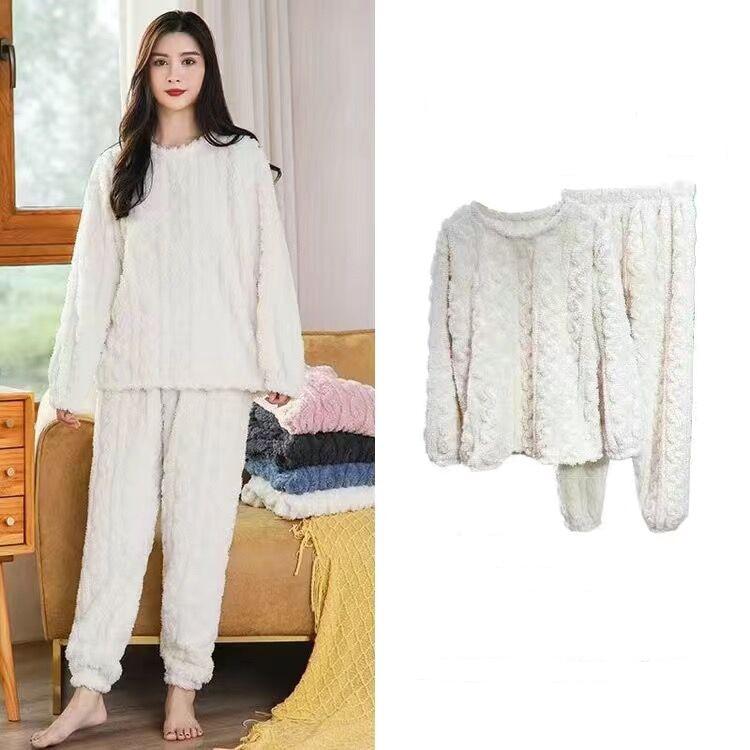 Herbst Frauen Feste Warme 2 Stück Sets Verdicken Samt Rippen Fleece Set Pullover Und Hosen Frauen Casual Pyjama Sets One Size weiß von Joom DACH