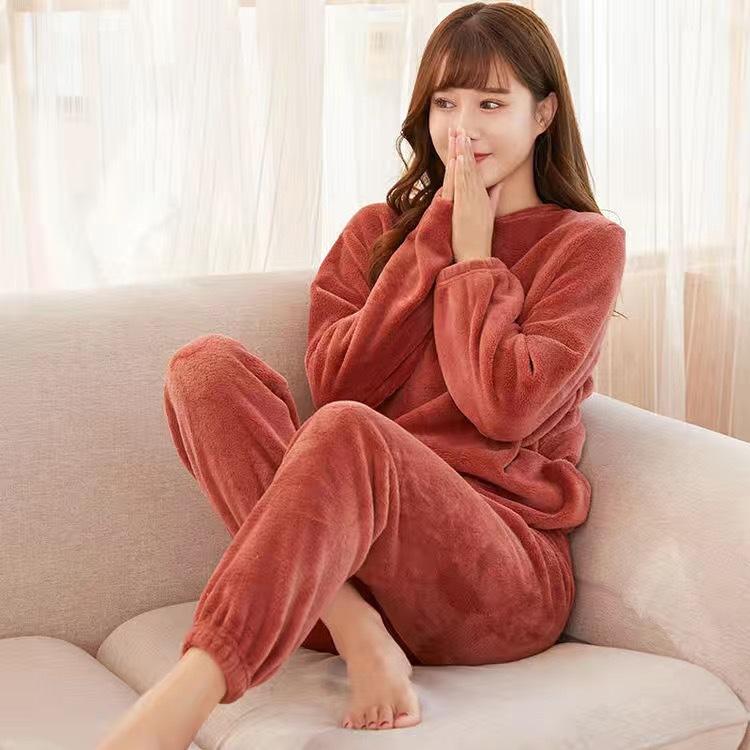 Herbst Frauen Feste Warme 2 Stück Sets Verdicken Samt Rippen Fleece Set Pullover Und Hosen Frauen Casual Pyjama Sets One size von Joom DACH
