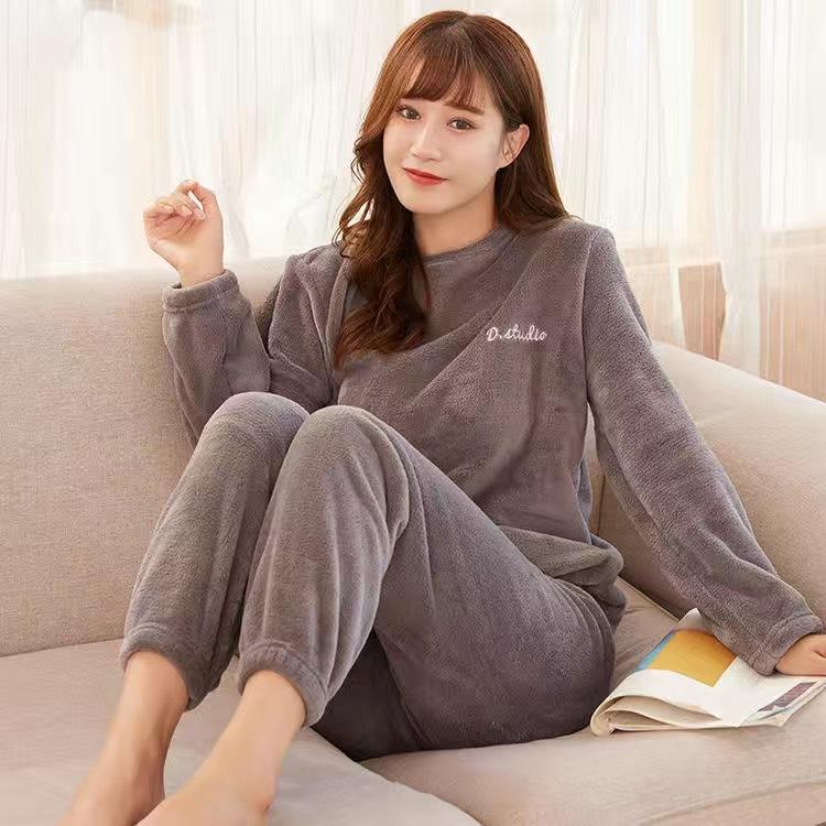 Herbst Frauen Feste Warme 2 Stück Sets Verdicken Samt Rippen Fleece Set Pullover Und Hosen Frauen Casual Pyjama Sets One size von Joom DACH