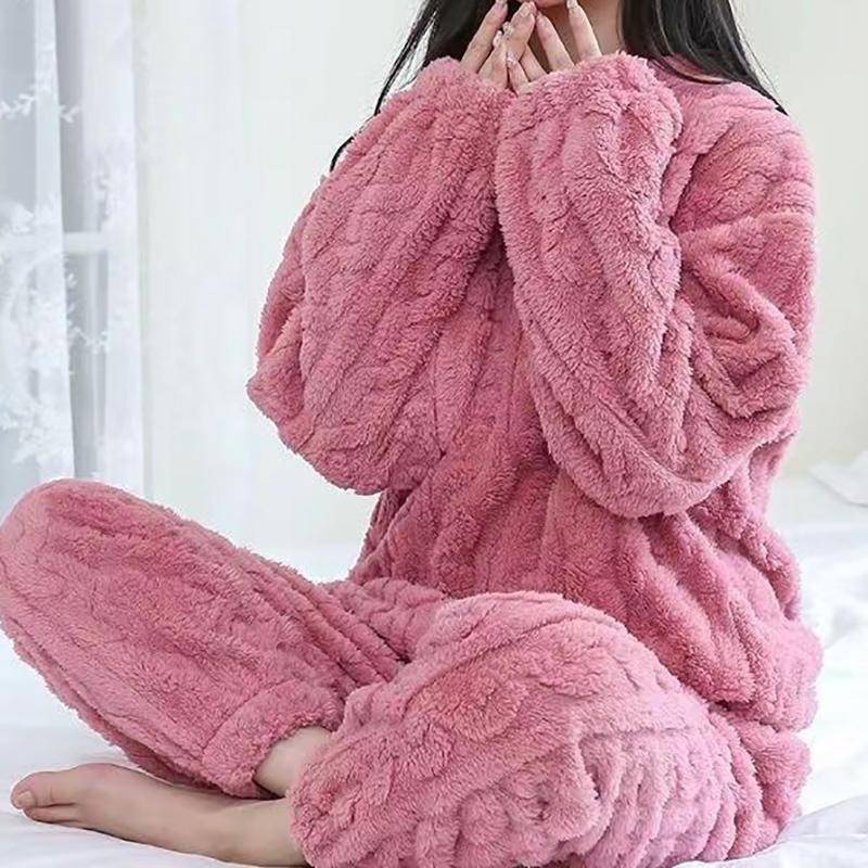 Herbst Frauen Feste Warme 2 Stück Sets Verdicken Samt Rippen Fleece Set Pullover und Hosen Frauen Casual Pyjama Sets One Size rosa von Joom DACH