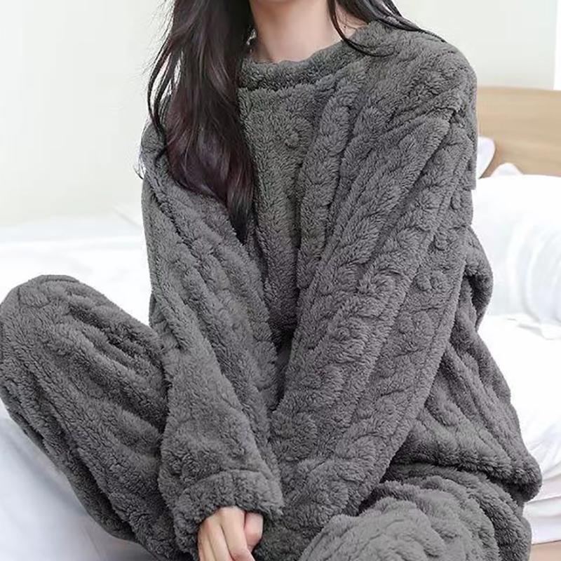 Herbst Frauen Feste Warme 2 Stück Sets Verdicken Samt Rippen Fleece Set Pullover und Hosen Frauen Casual Pyjama Sets One Size schwarz grau von Joom DACH