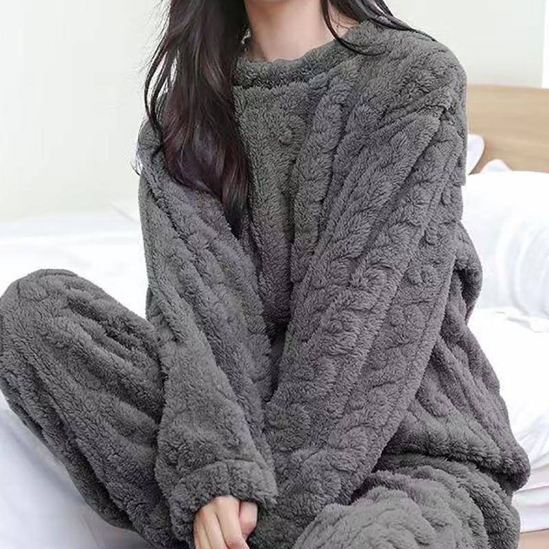 Herbst Frauen Feste Warme 2 Stück Sets Verdicken Samt Rippen Fleece Set Pullover und Hosen Frauen Casual Pyjama Sets One Size schwarz grau von Joom DACH