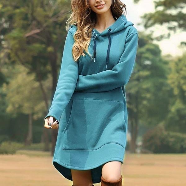Herbst Frauen Hoodies Mode Einfarbig Mit Kapuze Tasche Langarm Große Größe Sweatshirt Kleid 3XL blau von Joom DACH