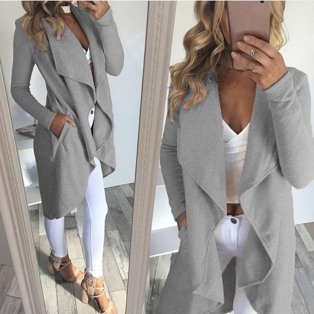 Herbst Frauen Trenchcoat Solide Strickjacke Windjacke Oberbekleidung Asymmetrische Revers Kragen Jacke L cool grau von Joom DACH