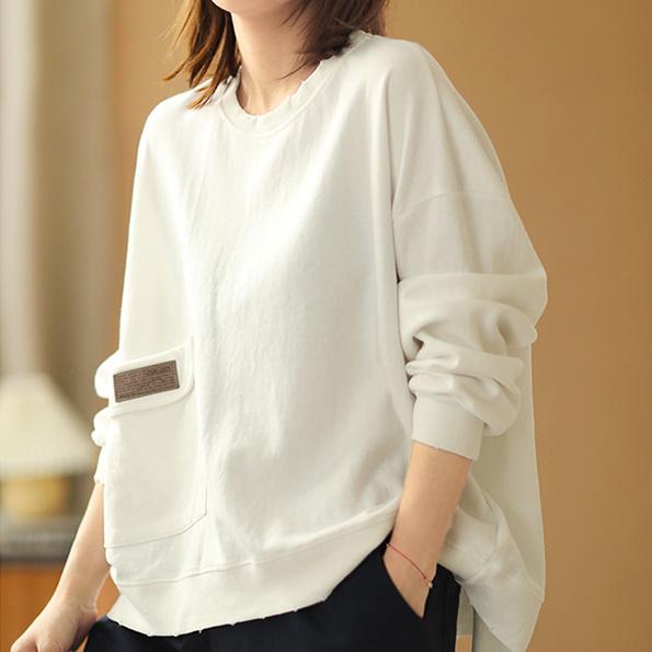 Herbst Frauen Trendy Einfache Casual Oversize Streetwear Baumwolle Sweatshirt Y2K Weibliche O Hals Langarm Solide Tasche Pullover Tops XXXL weiß von Joom DACH