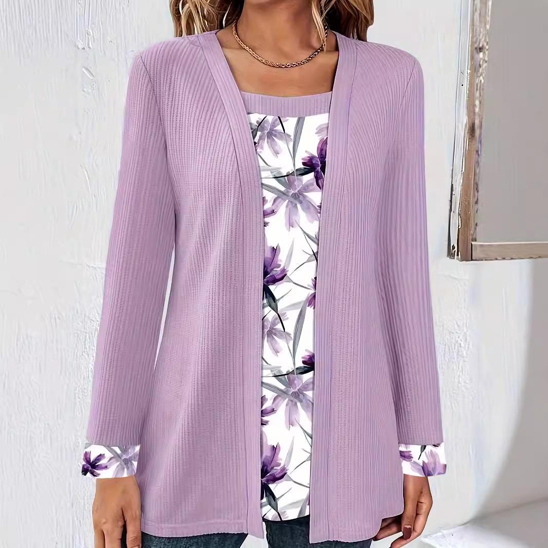 Herbst Frühling Damen Fake Zweiteiler Top Quadratischer Kragen Druck Blusen Lässig Locker Langarm T-Shirt XXXXXL violett von Joom DACH