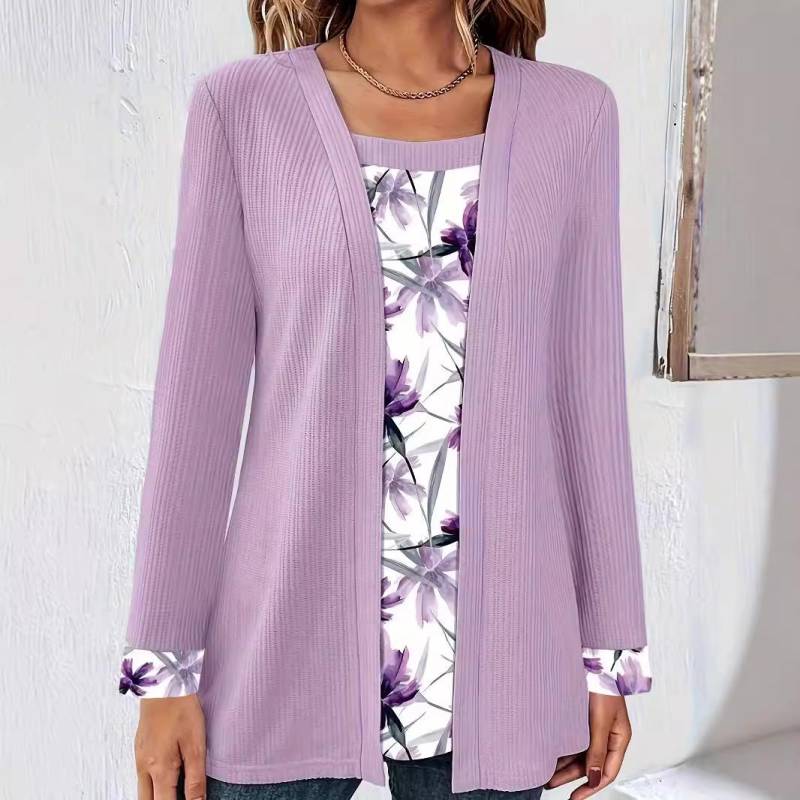 Herbst Frühling Damen Fake Zweiteiler Top Quadratischer Kragen Druck Blusen Lässig Locker Langarm T-Shirt XXXXXL violett von Joom DACH