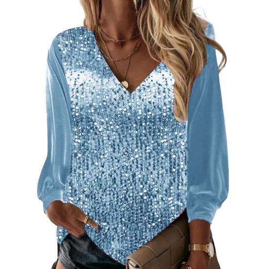 Herbst Frühling Frauen Top Glänzende Pailletten V-ausschnitt Langarm Patchwork Lose Pullover Weiche Atmungsaktive Mittellange Dame Pendeln Hemd bluse 2XL hellblaue von Joom DACH