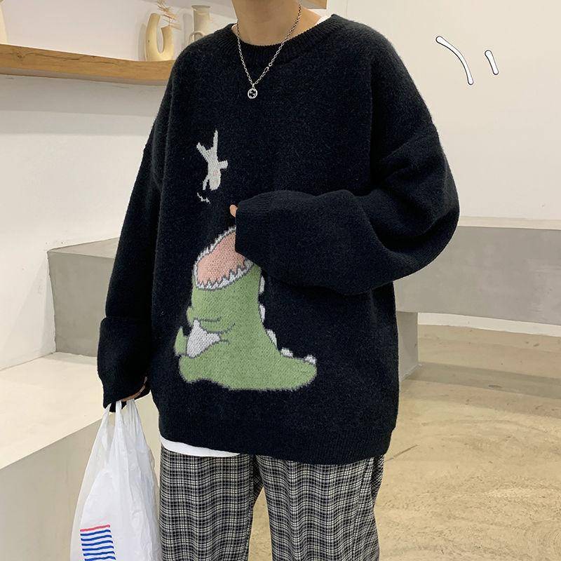 Herbst Herren Dinosaurier Pullover All-Match Persönlichkeit Rundhals Pullover Hong Kong Stil Pullover XL schwarz von Joom DACH
