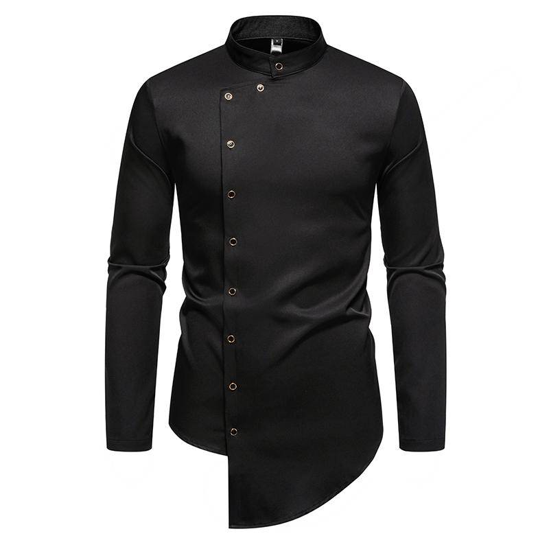 Herbst Herren Trendy Unregelmäßig Degsin Hemden Langarm Stehkragen Einfarbig Casual Hemden Einreiher Hemden S von Joom DACH