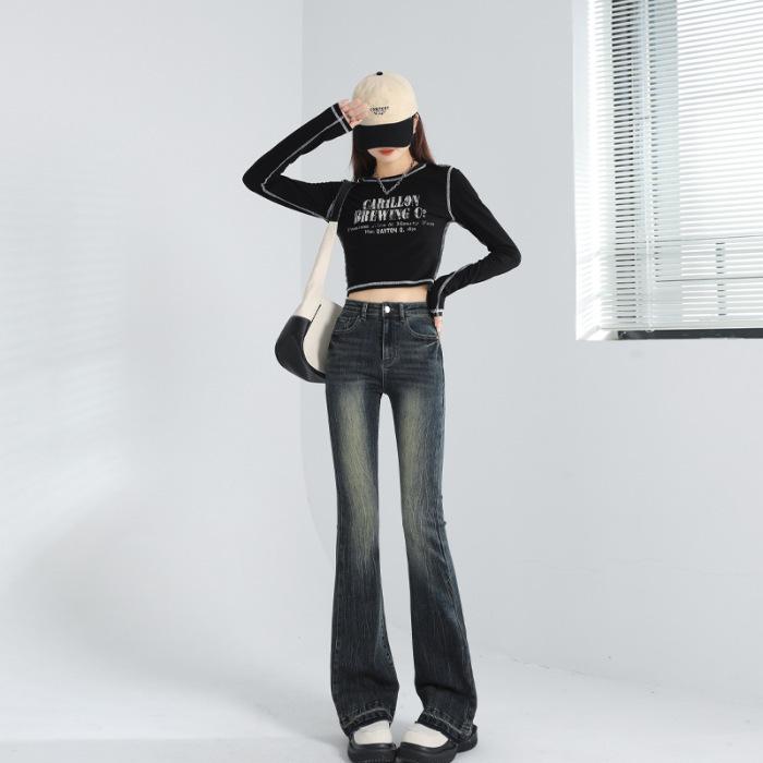 Herbst Hohe Taille Slim Schlaghose Denim Schlaghose für Damen Herbst und Winter Batik Micro-Schlaghose für Damen 2XL von Joom DACH