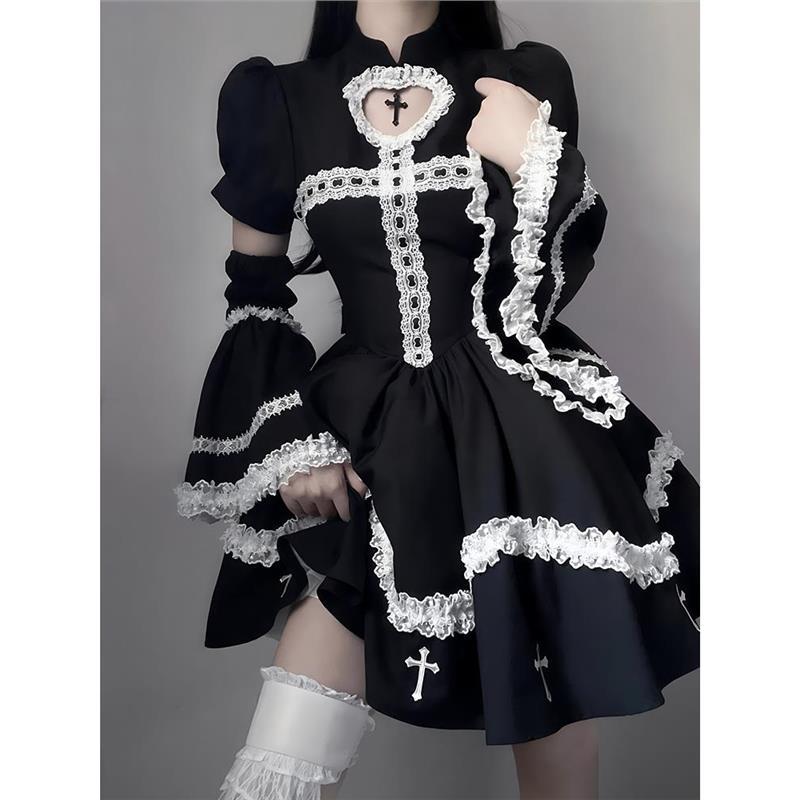 Herbst Japanischen Stil Gothic Cosplay Party Kleid Frauen Langarm Rüschen Spitze Schwarz Mini Kleider Y2k Vintage Lolita Kleid Neue XS schwarz von Joom DACH