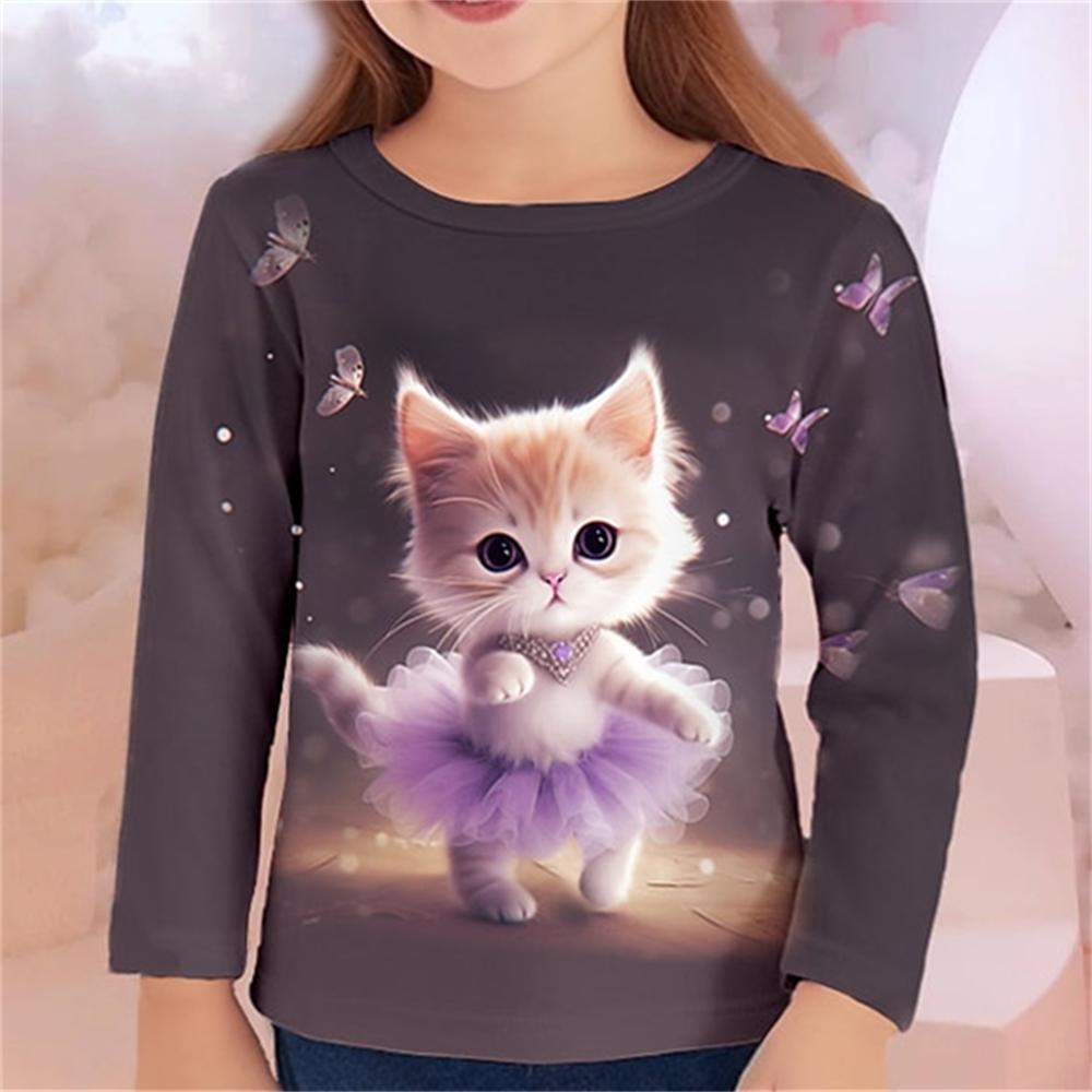 Herbst Kinderkleidung für Mädchen Tier Katze T-Shirt Langarm 3D-Druck Frühling Kinder 3-12 Jahre Kleidung süße T-Shirts 110 von Joom DACH