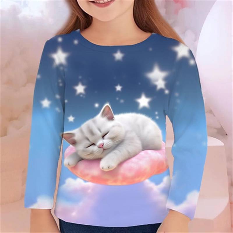 Herbst Kinderkleidung für Mädchen Tier Katze T-Shirt Langarm 3D-Druck Frühling Kinder 3-12 Jahre Kleidung süße T-Shirts 120 von Joom DACH
