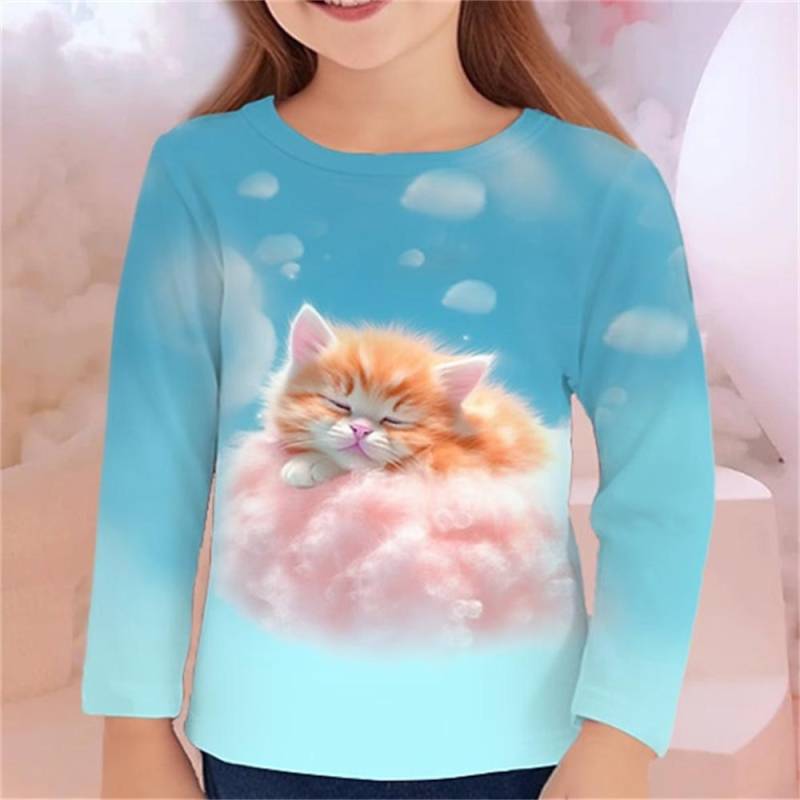 Herbst Kinderkleidung für Mädchen Tier Katze T-Shirt Langarm 3D-Druck Frühling Kinder 3-12 Jahre Kleidung süße T-Shirts 140 von Joom DACH